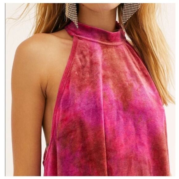 NWT Free People Heartbeat Halter Top Pink Orange Tie Dye Velvet Festival, Size M - Picture 1 of 7